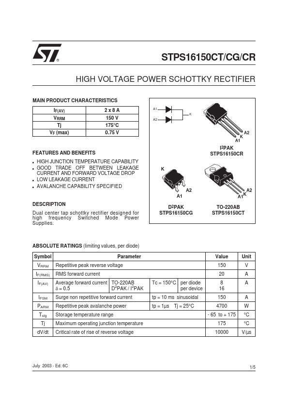 STPS16150CT STMicroelectronics