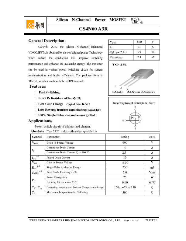 CS4N60A3R Huajing Microelectronics