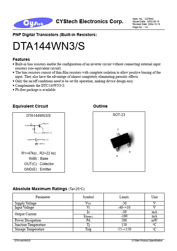 DTA144WN3 CYStech Electronics