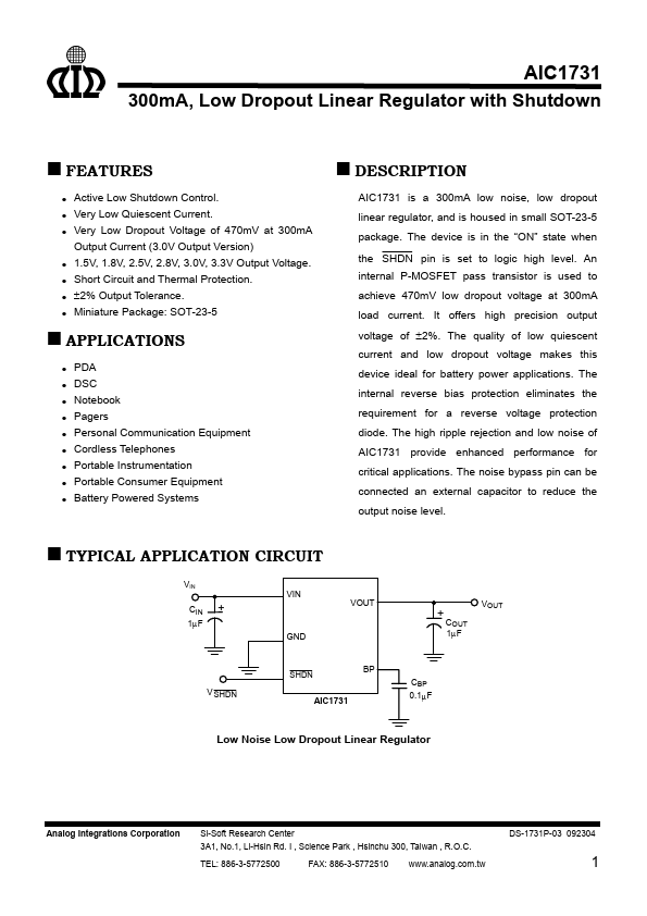 AIC1731 Analog Intergrations Corporation