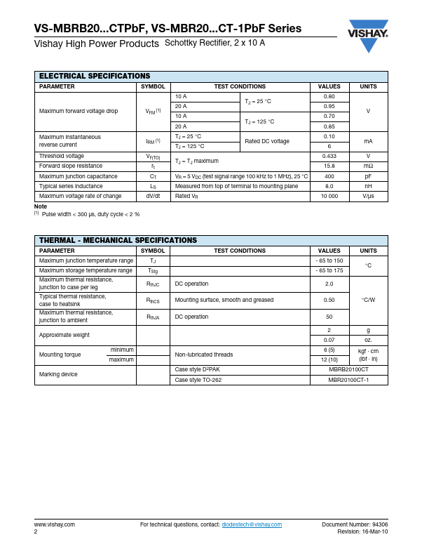 VS-MBR2080CT-1PbF