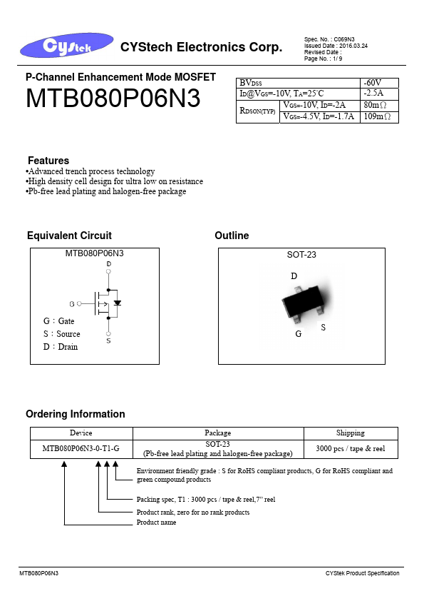 MTB080P06N3 Cystech Electonics