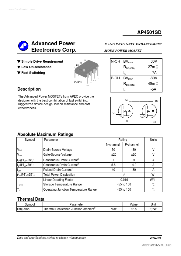 AP4501SD Advanced Power Electronics