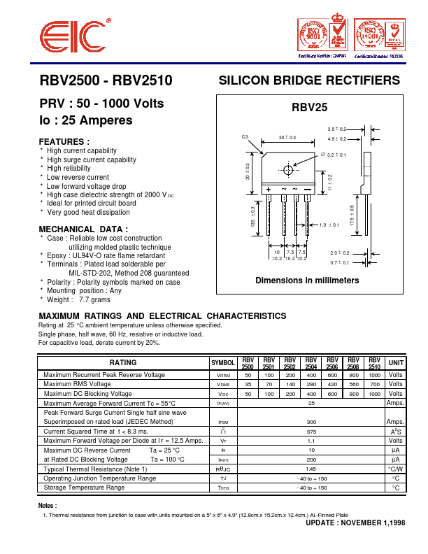 RBV2500 EIC discrete Semiconductors