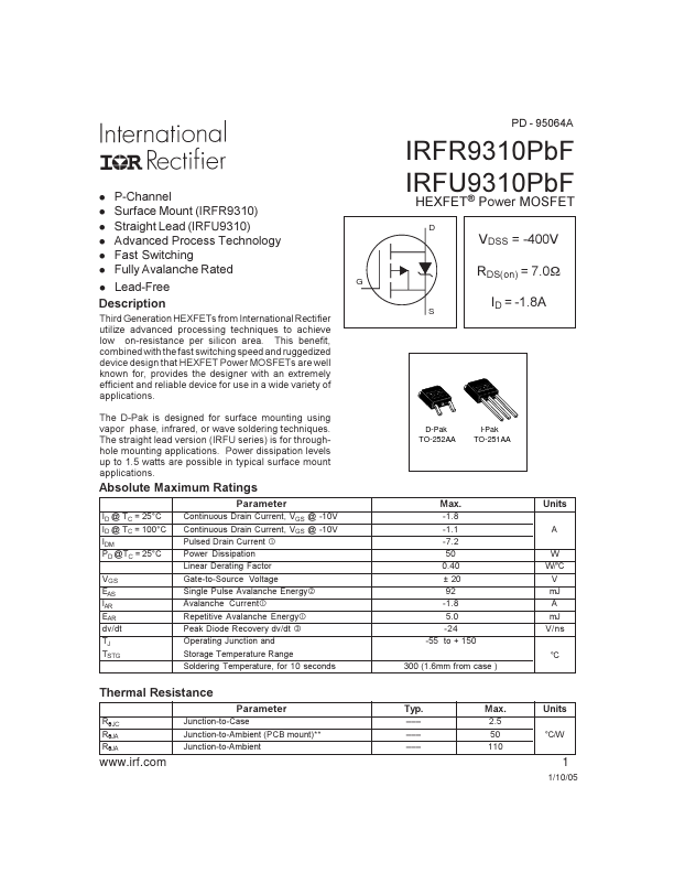 <?=IRFU9310PBF?> डेटा पत्रक पीडीएफ