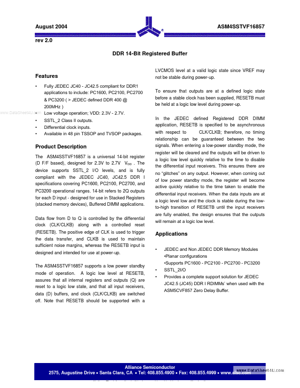 ASM4SSTVF16857 Alliance Semiconductor Corporation