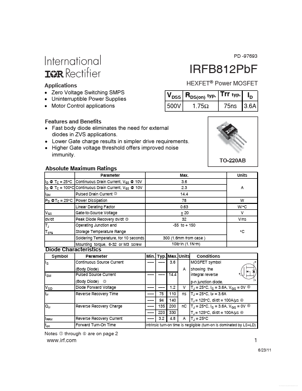 <?=IRFB812PBF?> डेटा पत्रक पीडीएफ