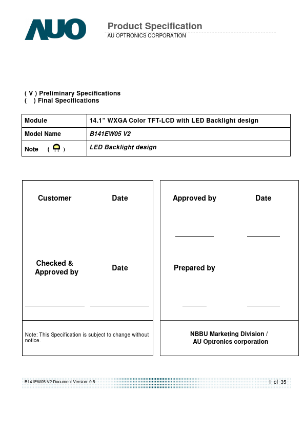 B141EW05-V2 AUO