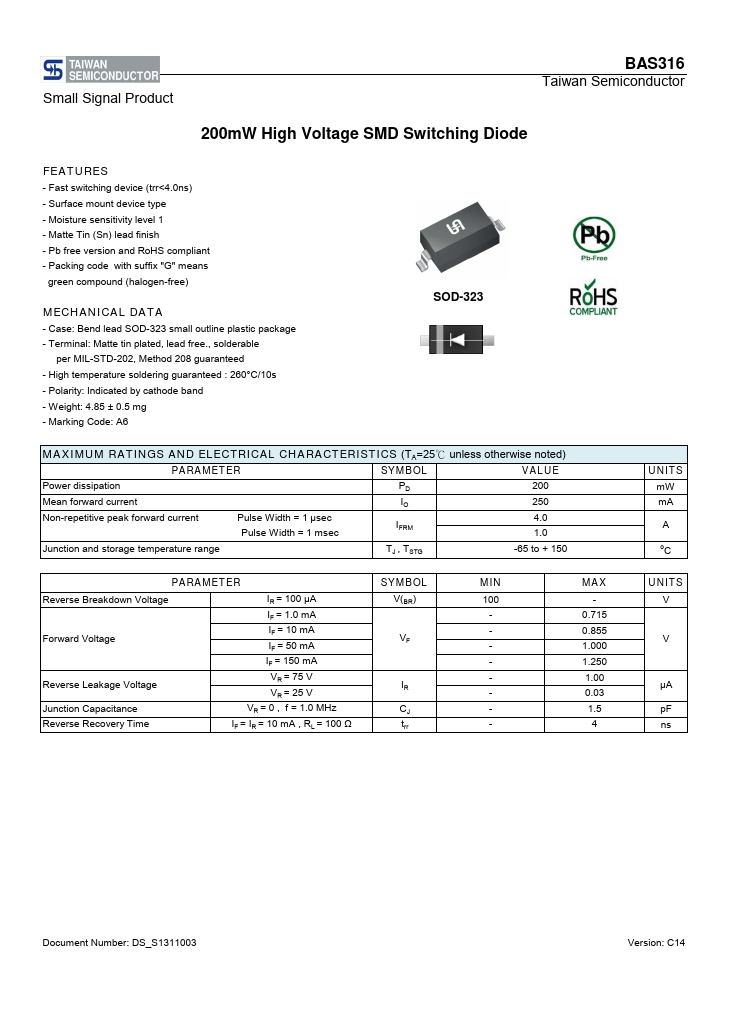 BAS316 Diode Datasheet pdf - Switching Diode. Equivalent, Catalog