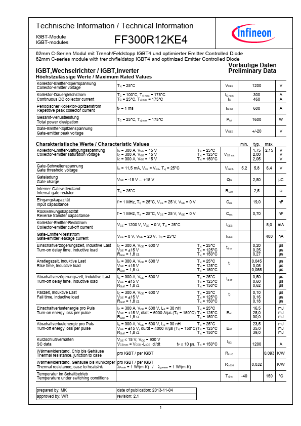 <?=FF300R12KE4?> डेटा पत्रक पीडीएफ