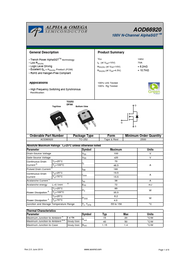 AOD66920 Alpha & Omega Semiconductors