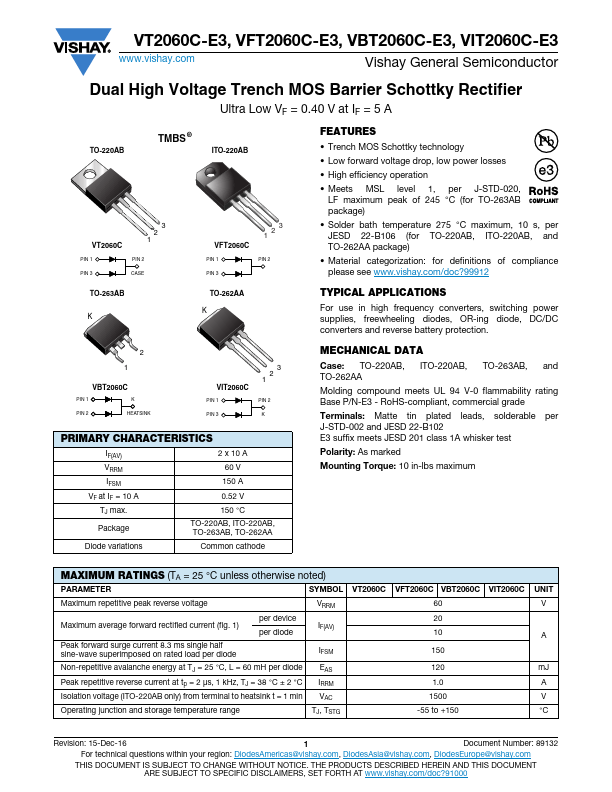 <?=VBT2060C-E3?> डेटा पत्रक पीडीएफ