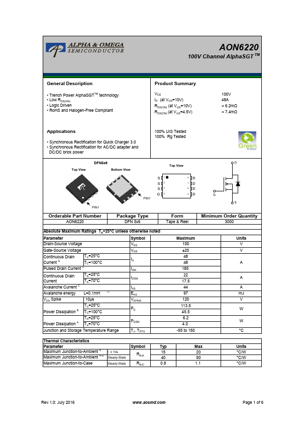 AON6220 Alpha & Omega Semiconductors