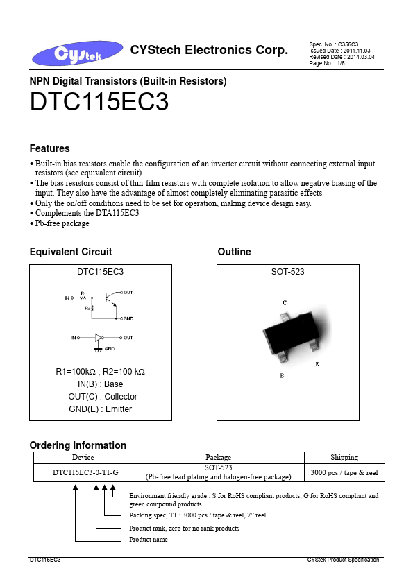DTC115EC3 CYStech Electronics