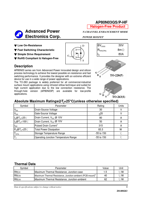 AP80N03GS-HF Advanced Power Electronics