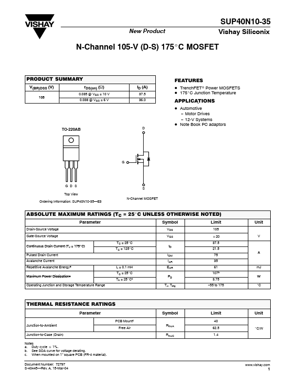 <?=SUP40N10-35?> डेटा पत्रक पीडीएफ