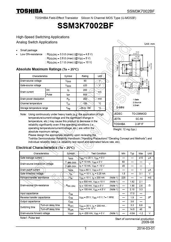 SSM3K7002BF Toshiba Semiconductor