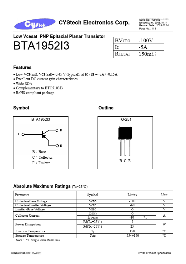 <?=BTA1952I3?> डेटा पत्रक पीडीएफ