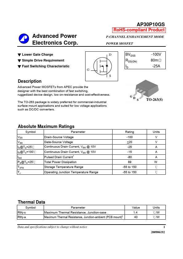 AP30P10GS Advanced Power Electronics