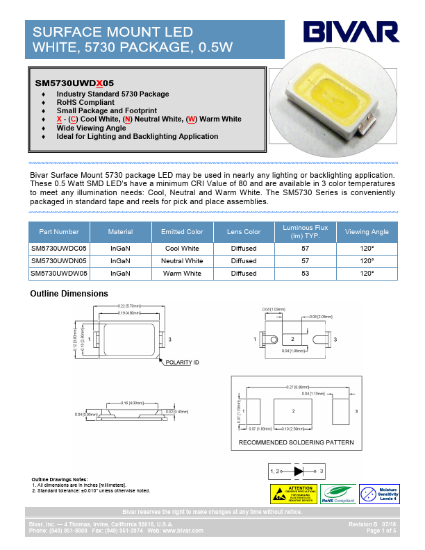 SM5730UWDW05 LED Datasheet pdf - package LED. Equivalent, Catalog