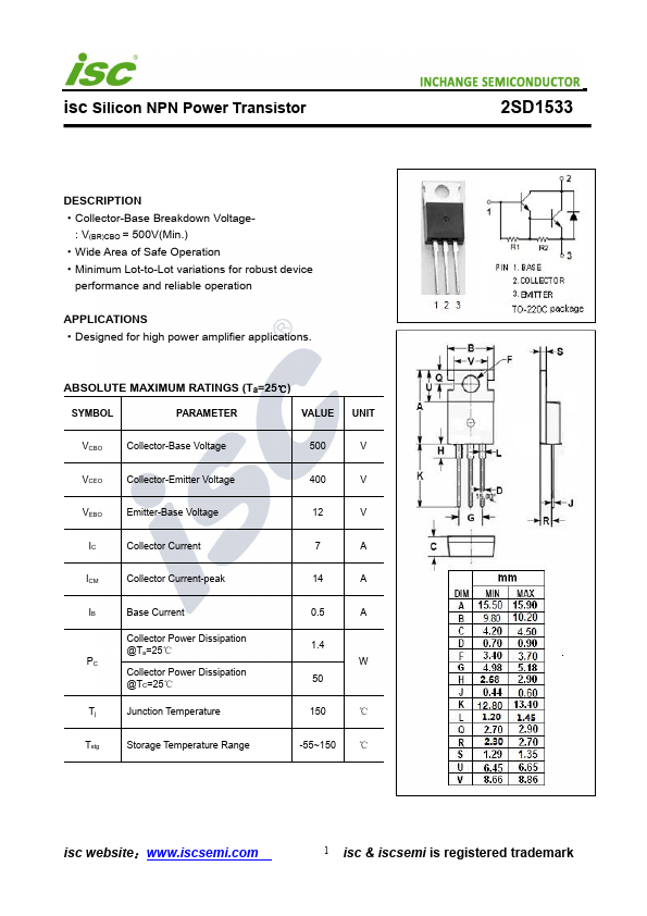 2SD1533 Inchange Semiconductor