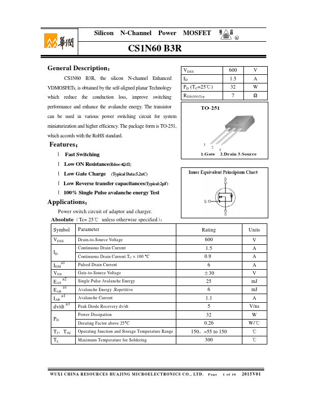 CS1N60B3R Huajing Microelectronics