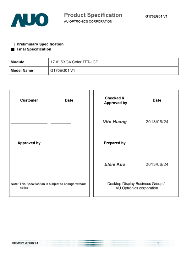 G170EG01-V1 Datasheet - SXGA Color TFT-LCD