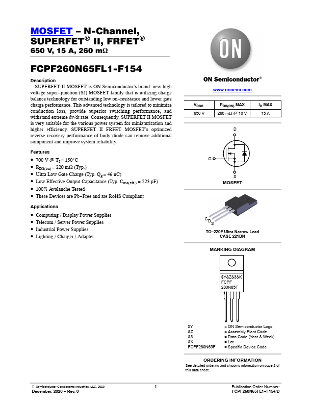 FCPF260N65FL1-F154 ON Semiconductor