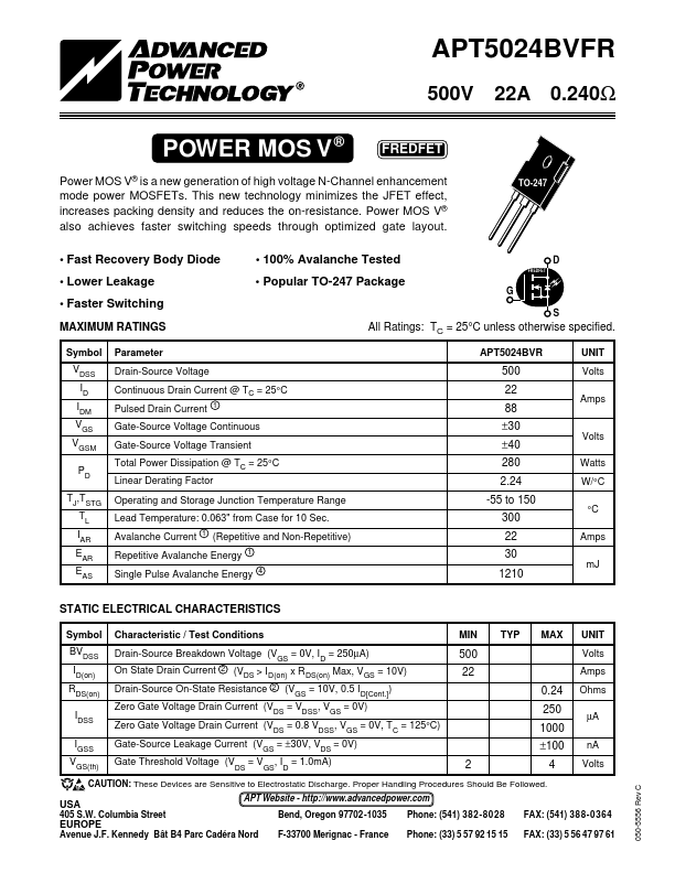 APT5024BVFR Advanced Power Technology