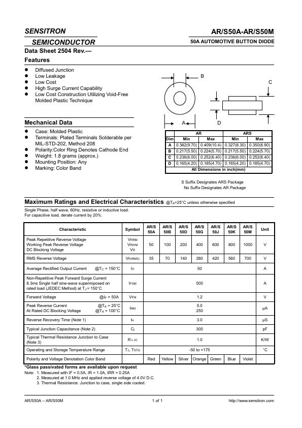 AR50J SENSITRON SEMICONDUCTOR