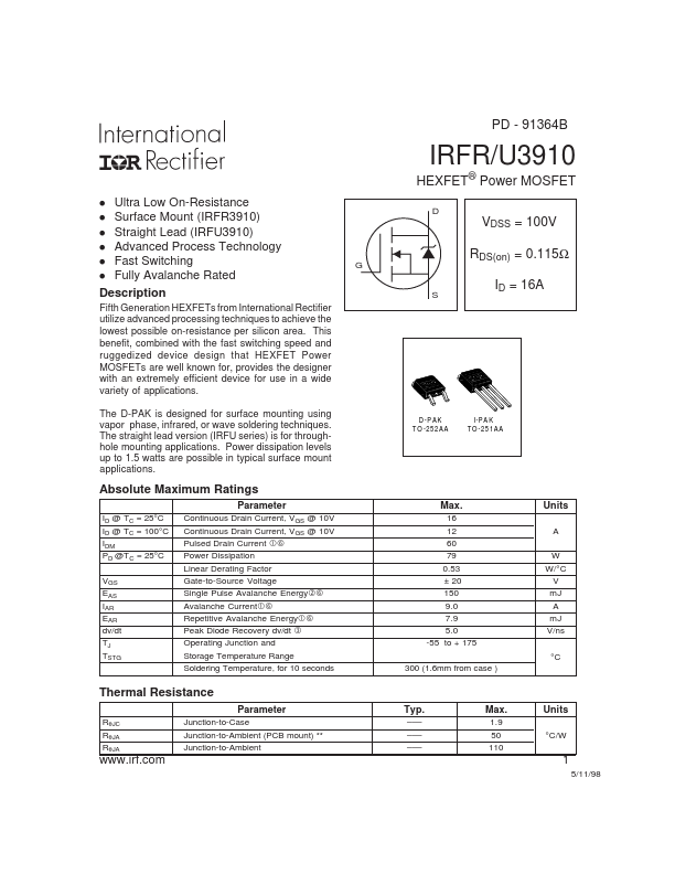 <?=IRFR3910?> डेटा पत्रक पीडीएफ