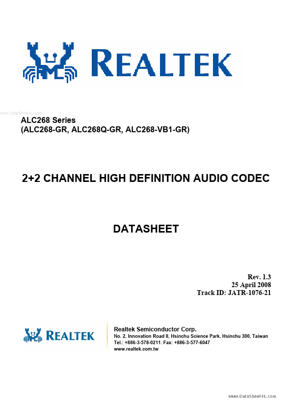 ALC268 Codec Datasheet pdf - Audio Codec. Equivalent, Catalog