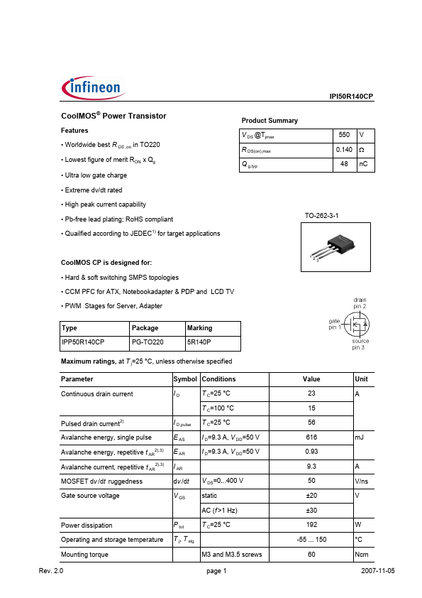 <?=IPI50R140CP?> डेटा पत्रक पीडीएफ