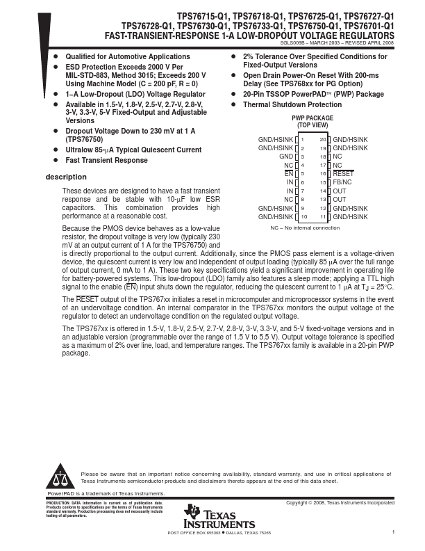 <?=TPS76750-Q1?> डेटा पत्रक पीडीएफ