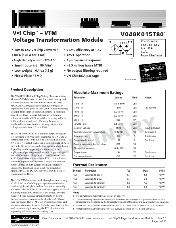 V048F015T80 Vicor Corporation