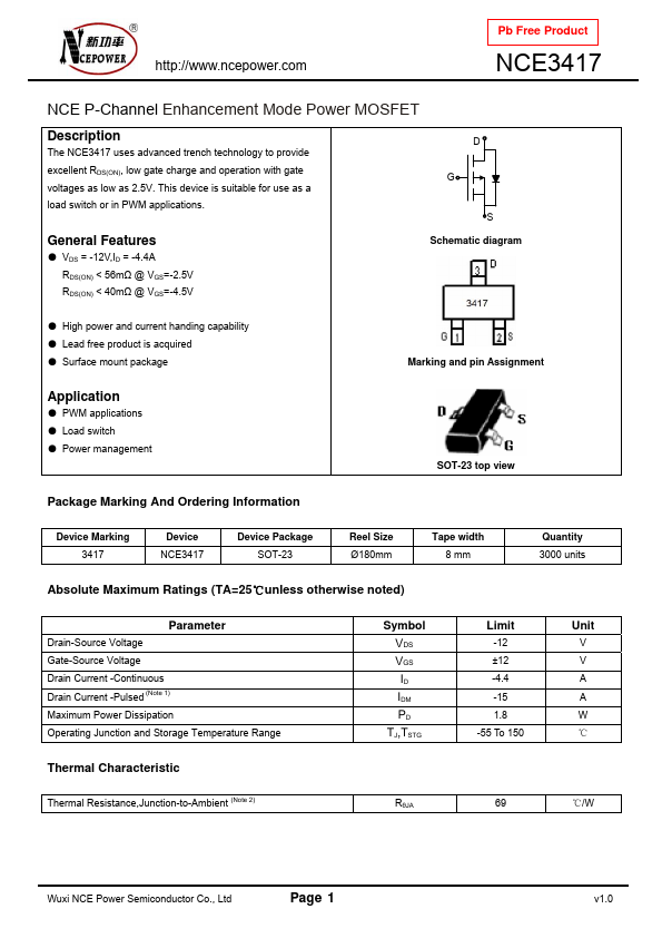 NCE3417 NCE Power Semiconductor