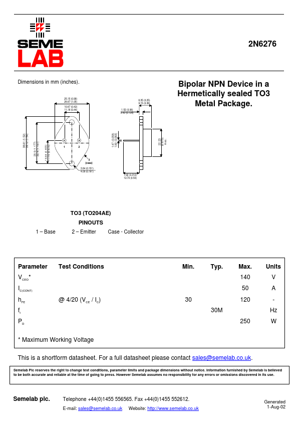 2N6276 Seme LAB