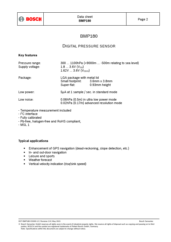 BMP180 Datasheet | Digital pressure sensor