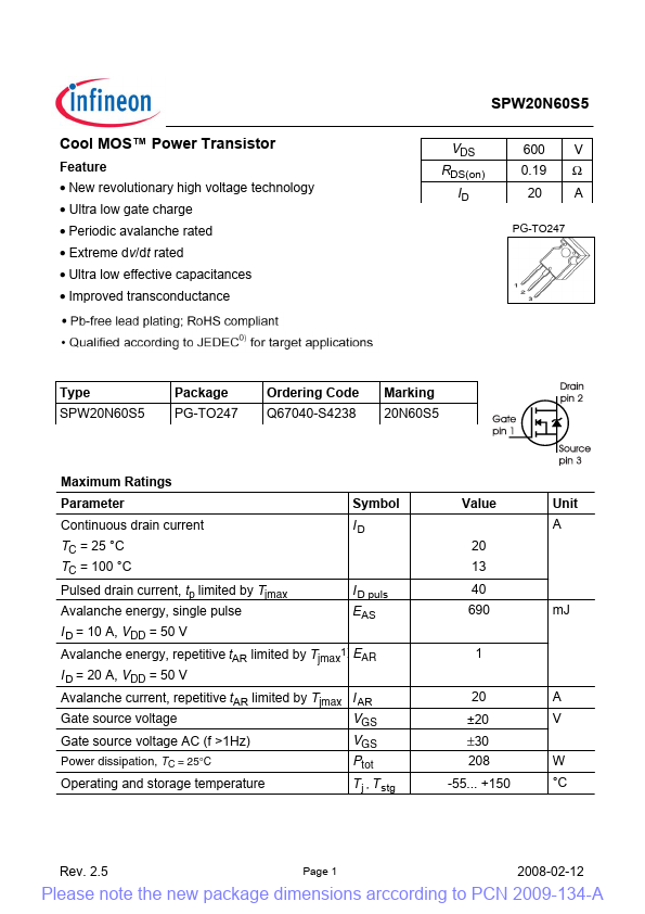 SPW20N60S5 Infineon Technologies