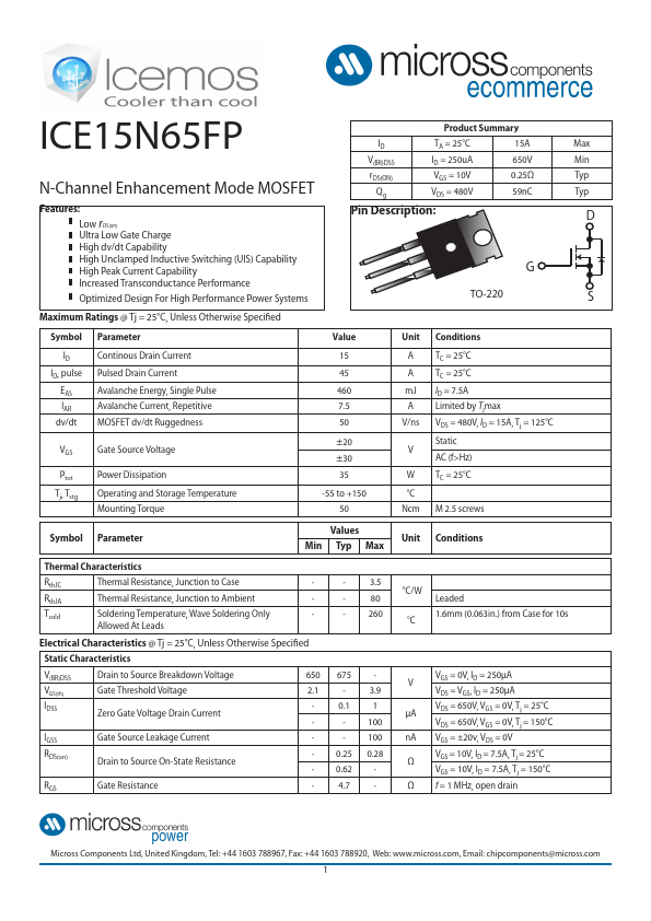 ICE15N65FP Micross Components