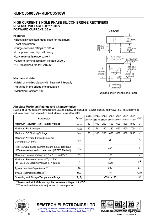 <?=KBPC35005W?> डेटा पत्रक पीडीएफ