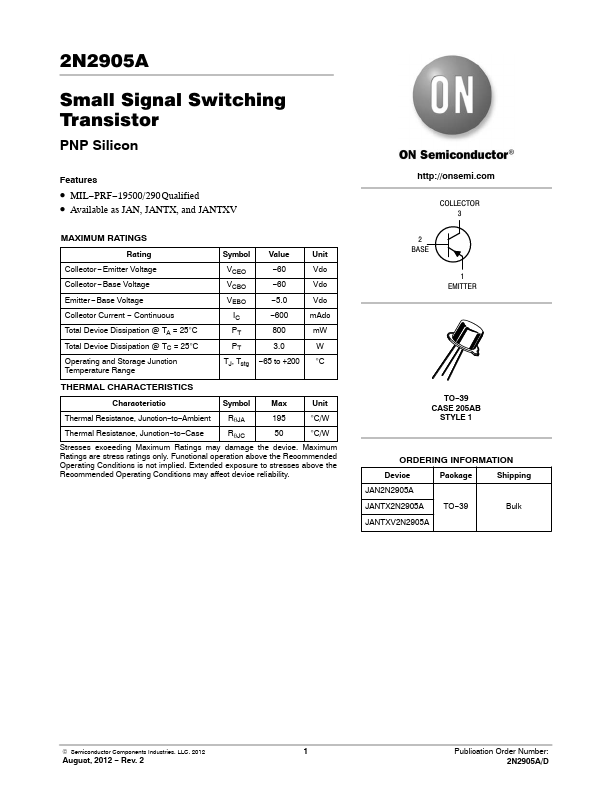 2N2905A Transistor Datasheet pdf - Switching Transistor. Equivalent, Catalog