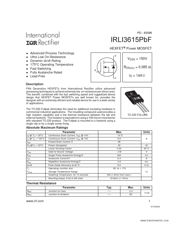 <?=IRLI3615PBF?> डेटा पत्रक पीडीएफ