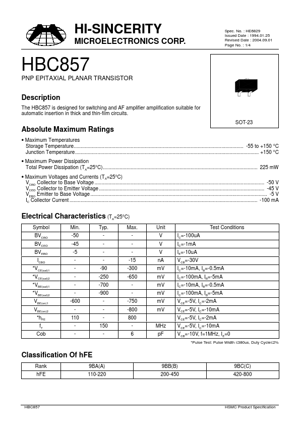 HBC857 Hi-Sincerity Mocroelectronics