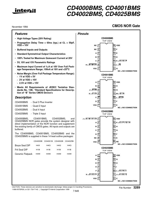 CD4000BMS Intersil Corporation