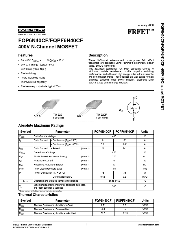 FQPF6N40CF Fairchild Semiconductor