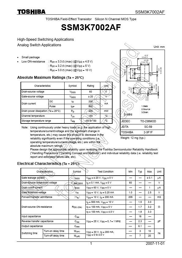 SSM3K7002AF Toshiba Semiconductor