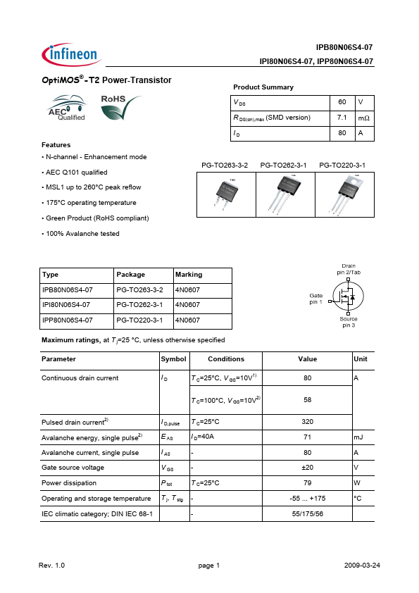 <?=IPB80N06S4-07?> डेटा पत्रक पीडीएफ