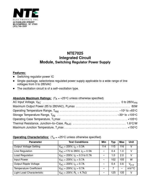 <?=NTE7025?> डेटा पत्रक पीडीएफ