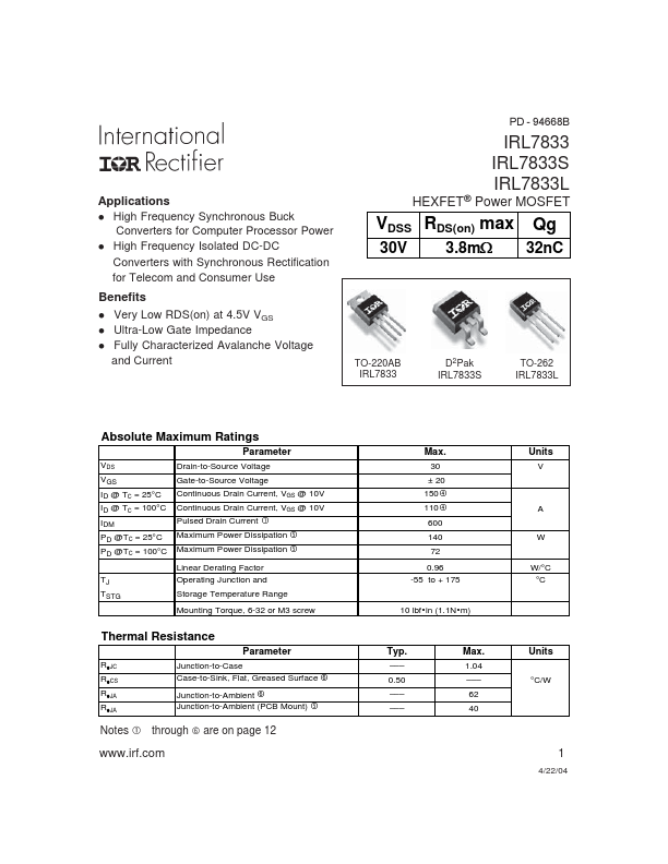 IRL7833S International Rectifier